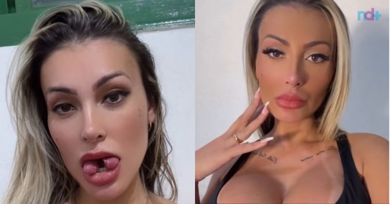 na imagem aparece andressa urach com a língua bifurcada 