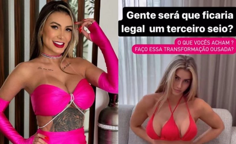 na imagem aparece Andressa Urach como está agora à esquerda e como ficaria com 3º seio