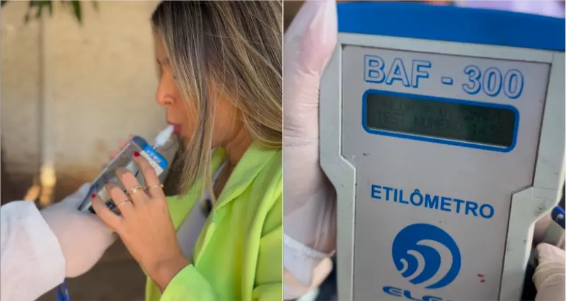 na imagem aparece mulher soprando bafômetro e etilômetro que mede teor alcoólico no sangue do motorista