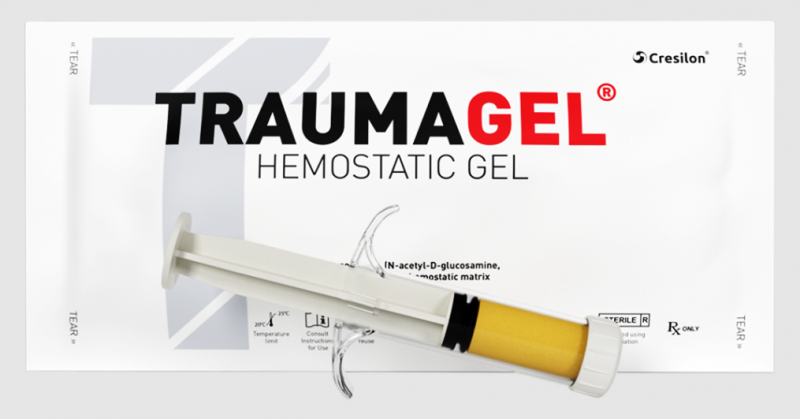 Dispositivo à base de gel, nomeado de Traumagel, em sua embalagem 