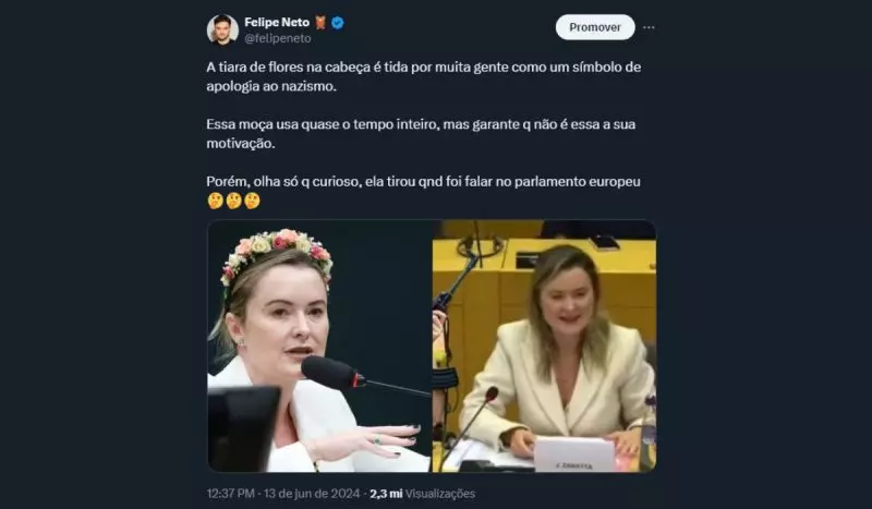 Em postagem no X, Felipe Neto associou o uso de tiara de Zanatta ao nazismo