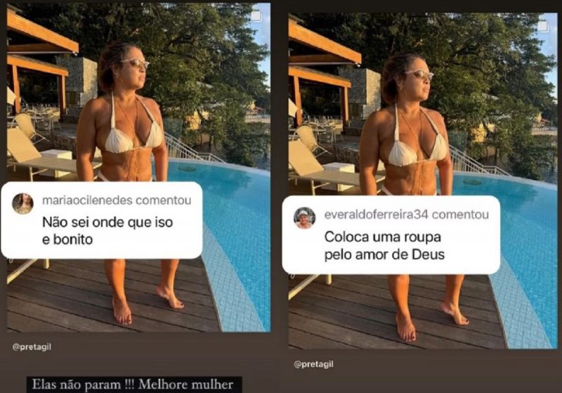 na imagem aparece as imagens de Preta Gil de biquíni rebatendo seguidores no Instagram