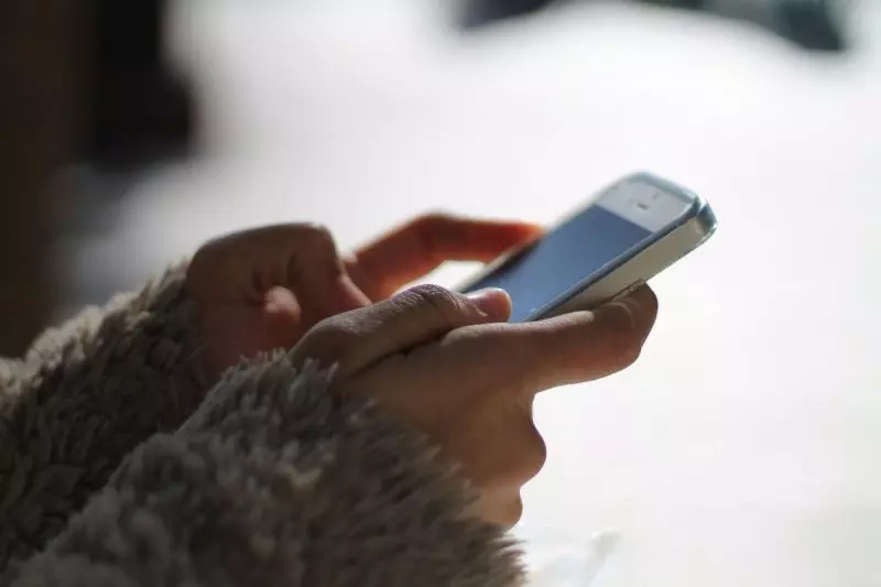 Mão de pessoa usando celular navegando na internet - mão branca com casaco peludo usando celular