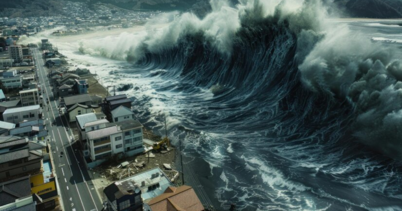 Imagem de um tsunami invadindo uma cidade