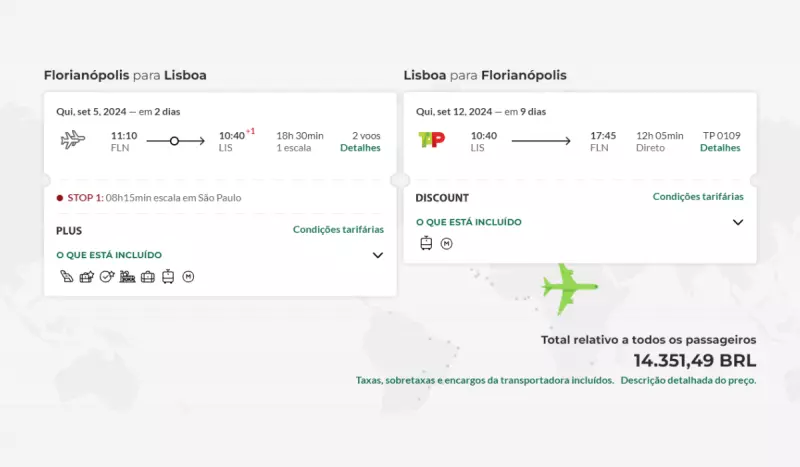 Captura de tela de simulação de voo de Florianópolis para Lisboa, no site da empresa TAP Air Portugal