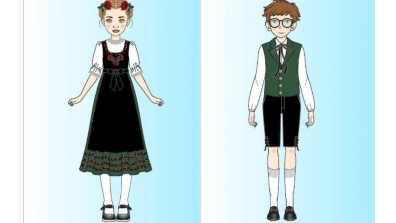 Imagem mostra desenhos dos trajes típicos feminino e masculino